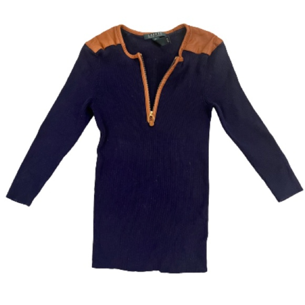 Lauren Ralph Lauren | Navy Top With Zipper And Faux Leather Shoulder